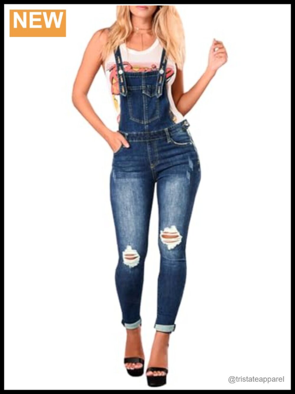 Skinny Ripped Denim Overalls High Waist Adjustable Straps Stretch Cotton